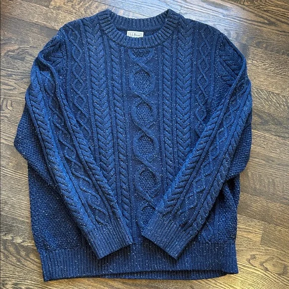 LL Bean Sweater Mens XL Regular Blue Fisherman Crewneck Cable Knit Organic